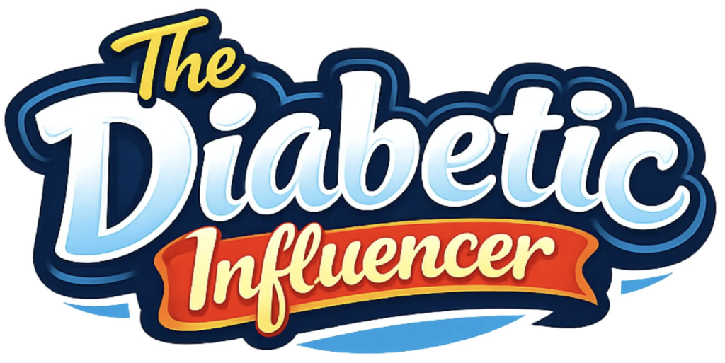 The Diabetic Influencer logo with bold blue and white lettering and red banner design.